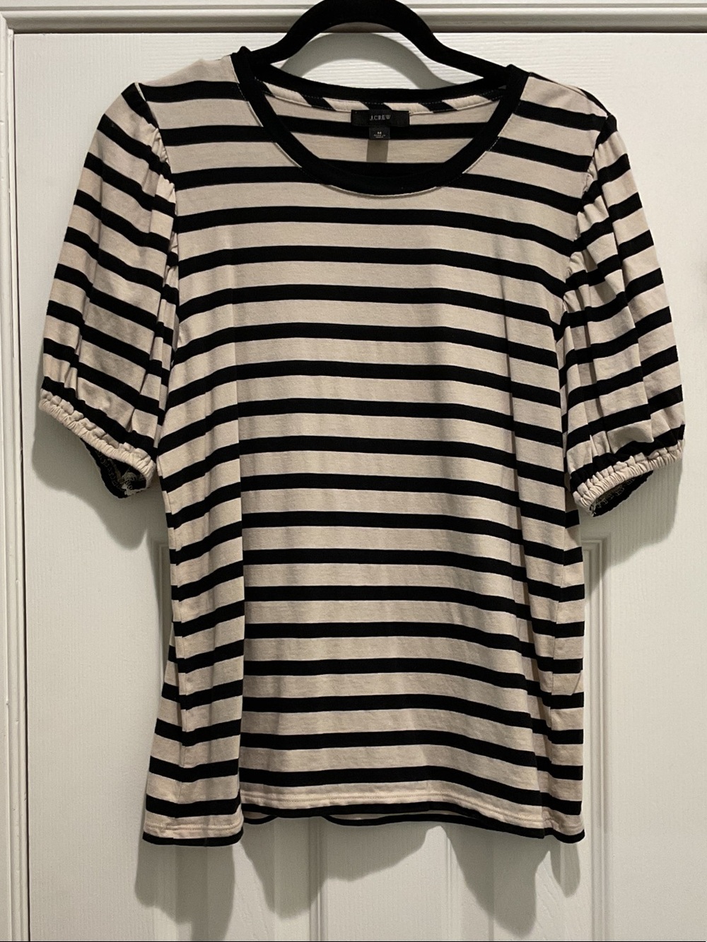 J. Crew Black and Cream Striped Puff-Sleeve Tee